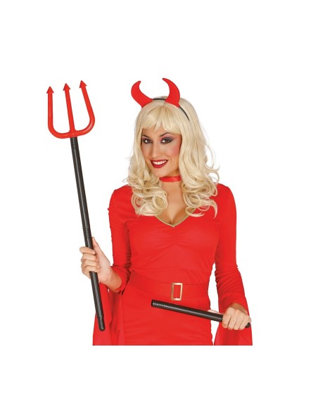 Tridente rosso smontabile da 100 cm con asta nera per costume diavolo Halloween