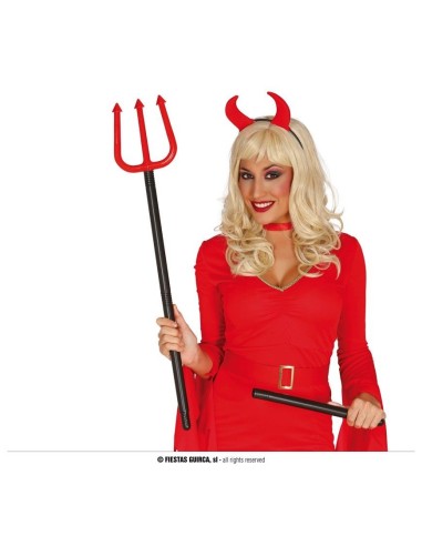 Tridente rosso smontabile da 100 cm con asta nera per costume diavolo Halloween