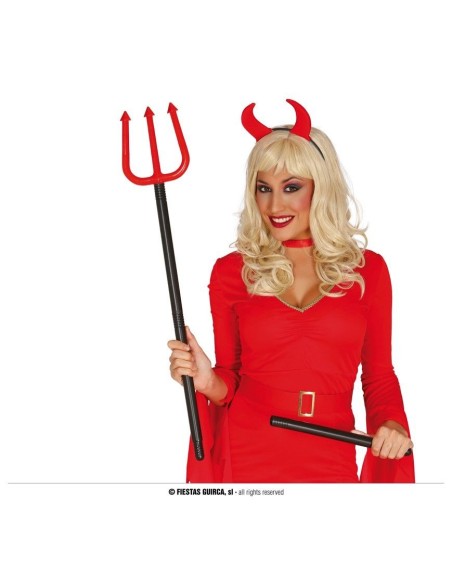 Tridente rosso smontabile da 100 cm con asta nera per costume diavolo Halloween