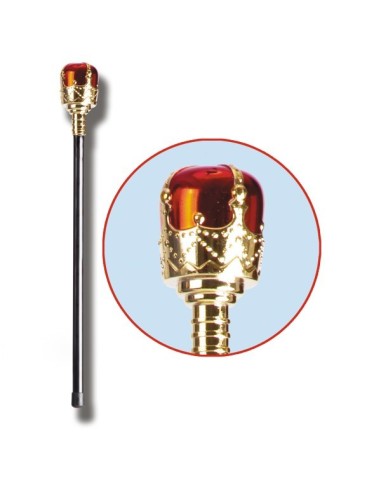 Scettro dorato da re lungo 48cm con dettagli rossi e decorazioni elaborate per costume carnevale