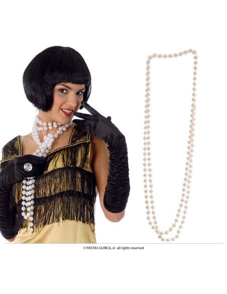 Collana perle bianche lunghe stile Charleston anni 20 accessorio costume donna vintage