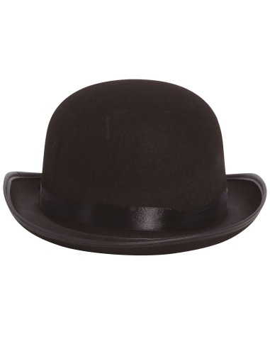 Bombetta nera in feltro con fascia raso indossata da uomo con baffi per costume d'epoca