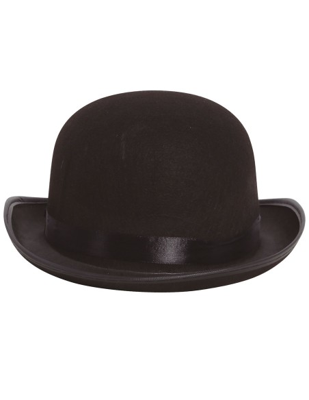 Bombetta nera in feltro con fascia raso indossata da uomo con baffi per costume d'epoca