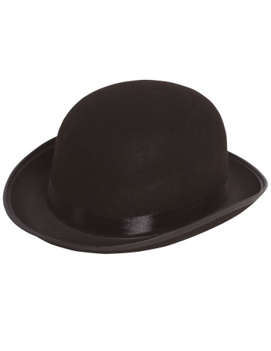 Bombetta nera in feltro con fascia raso indossata da uomo con baffi per costume d'epoca