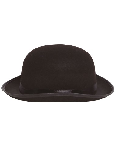 Bombetta nera in feltro con fascia raso indossata da uomo con baffi per costume d'epoca