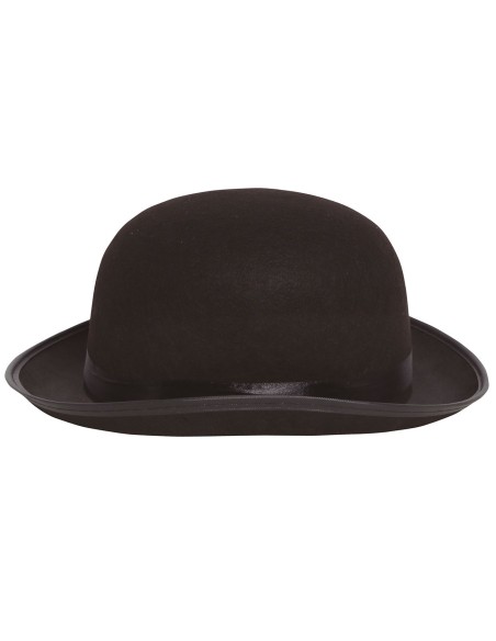 Bombetta nera in feltro con fascia raso indossata da uomo con baffi per costume d'epoca