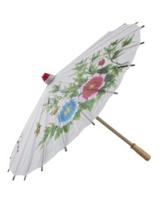 Ombrello cinese bianco in carta con fiori rosa e blu dipinti e manico in bambù per costumi orientali