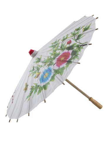 Ombrello cinese bianco in carta con fiori rosa e blu dipinti e manico in bambù per costumi orientali