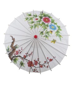 Ombrello cinese bianco in carta con fiori rosa e blu dipinti e manico in bambù per costumi orientali 2
