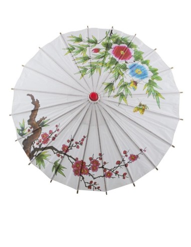 Ombrello cinese bianco in carta con fiori rosa e blu dipinti e manico in bambù per costumi orientali
