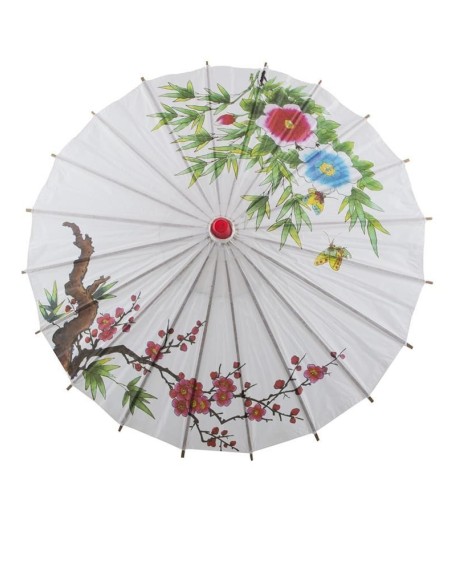 Ombrello cinese bianco in carta con fiori rosa e blu dipinti e manico in bambù per costumi orientali