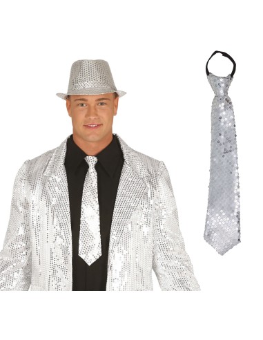 Cravatta argentata con paillettes scintillanti per feste e spettacoli, lunghezza 35 cm