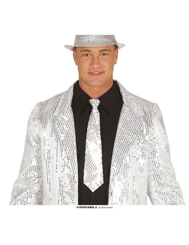 Cravatta argentata con paillettes scintillanti per feste e spettacoli, lunghezza 35 cm