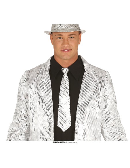 Cravatta argentata con paillettes scintillanti per feste e spettacoli, lunghezza 35 cm