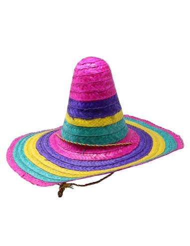 Sombrero messicano multicolore con strisce rosa viola gialle verdi, cappello paglia 50cm per costume mariachi