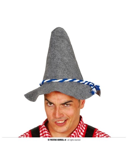 Cappello tirolese grigio in feltro con cordone decorativo blu e bianco per costume tradizionale bavarese