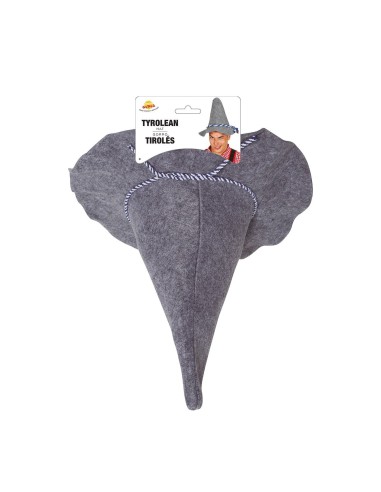 Cappello tirolese grigio in feltro con cordone decorativo blu e bianco per costume tradizionale bavarese
