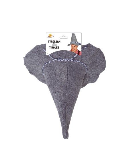 Cappello tirolese grigio in feltro con cordone decorativo blu e bianco per costume tradizionale bavarese