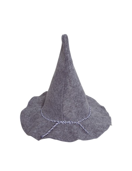 Cappello tirolese grigio in feltro con cordone decorativo blu e bianco per costume tradizionale bavarese