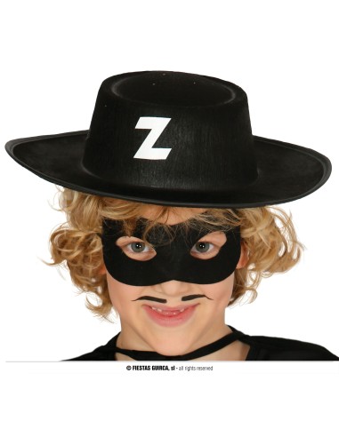 Cappello da bandito nero in feltro con lettera Z e maschera nera per occhi bambino costume western