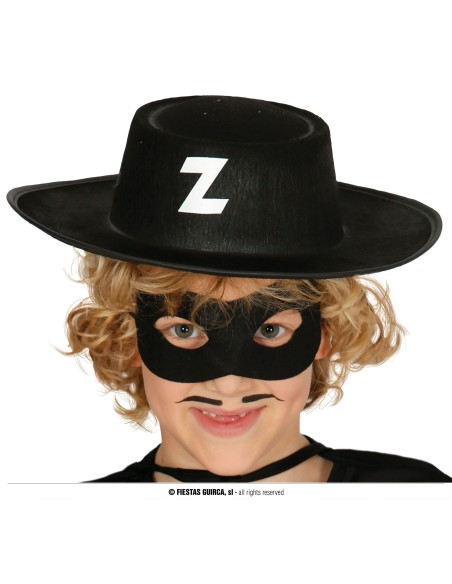 Cappello da bandito nero in feltro con lettera Z e maschera nera per occhi bambino costume western