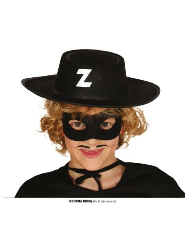 Cappello da bandito nero in feltro con lettera Z e maschera nera per occhi bambino costume western