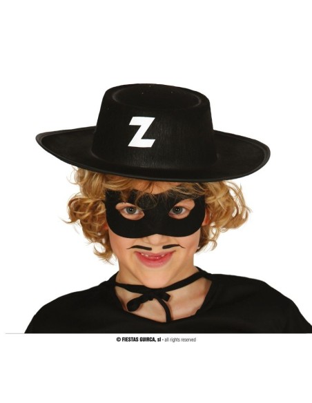Cappello da bandito nero in feltro con lettera Z e maschera nera per occhi bambino costume western