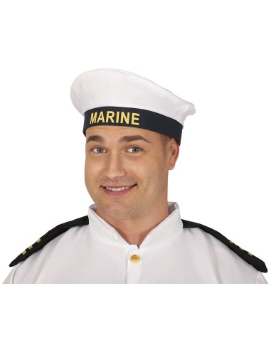 Cappello marinaio bianco con fascia nera e scritta MARINE dorata per costume nautico