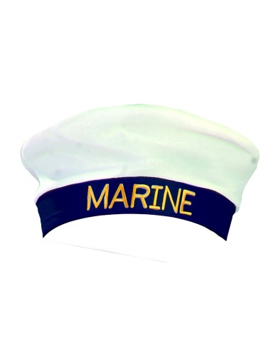 Cappello marinaio bianco con fascia nera e scritta MARINE dorata per costume nautico
