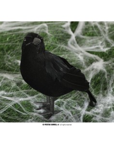 Corvo decorativo nero 25 cm con piume realistiche su ragnatele per Halloween