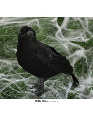 Corvo decorativo nero 25 cm con piume realistiche su ragnatele per Halloween