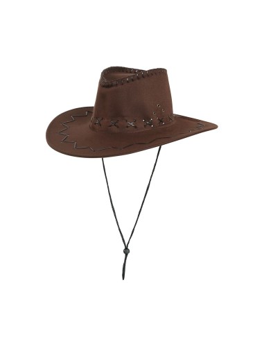 Cappello cowboy marrone in simil-pelle con fascia intrecciata e lacci regolabili per costumi western