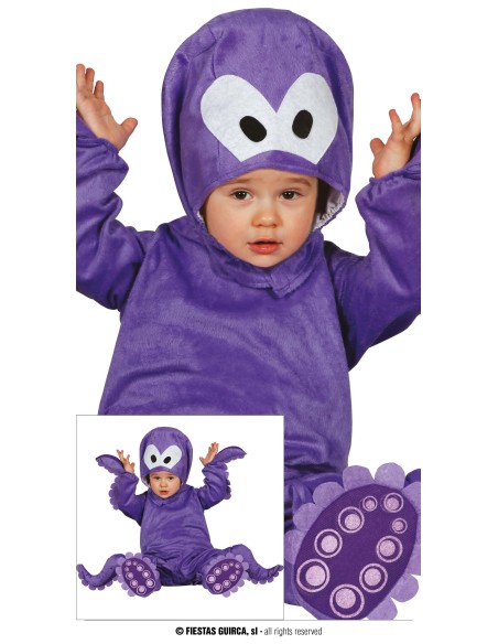 Costume polipo viola per neonato con cappuccio occhi grandi e tentacoli ricamati per feste a tema mare