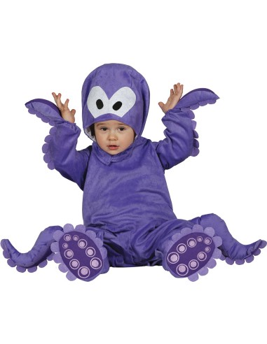 Costume polipo viola per neonato con cappuccio occhi grandi e tentacoli ricamati per feste a tema mare