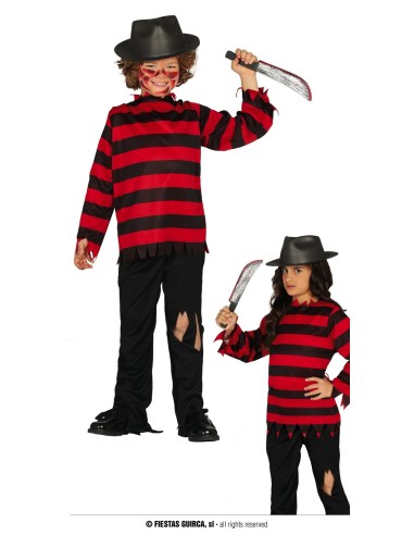 Costume Freddy Krueger bambino con maglia righe rosse nere cappello per Halloween horror