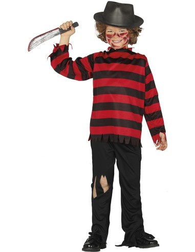 Costume Freddy Krueger bambino con maglia righe rosse nere cappello per Halloween horror