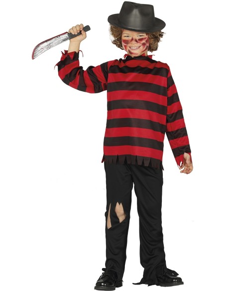Costume Freddy Krueger bambino con maglia righe rosse nere cappello per Halloween horror
