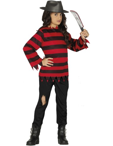 Costume Freddy Krueger bambino con maglia righe rosse nere cappello per Halloween horror