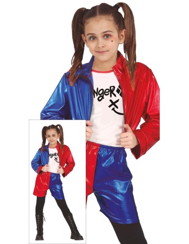 Bambina con costume Harley Quinn giacca rossa blu shorts e maglietta bianca per Carnevale