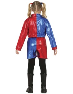 Bambina con costume Harley Quinn giacca rossa blu shorts e maglietta bianca per Carnevale 2