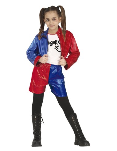 Bambina con costume Harley Quinn giacca rossa blu shorts e maglietta bianca per Carnevale