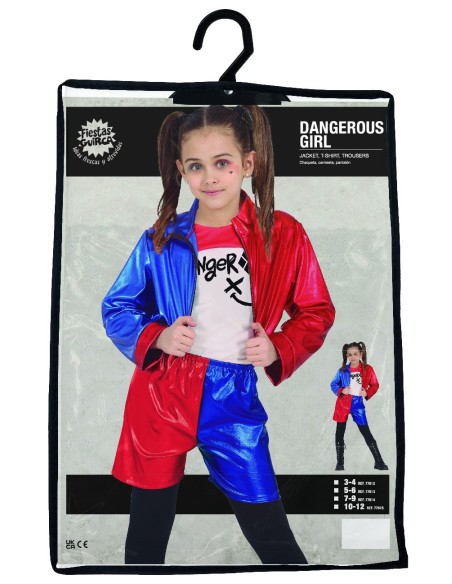 Bambina con costume Harley Quinn giacca rossa blu shorts e maglietta bianca per Carnevale