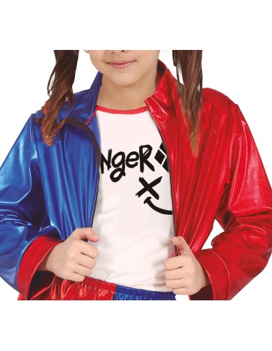 Bambina con costume Harley Quinn giacca rossa blu shorts e maglietta bianca per Carnevale