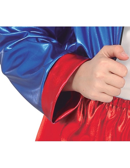 Bambina con costume Harley Quinn giacca rossa blu shorts e maglietta bianca per Carnevale