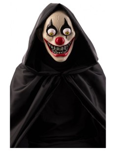Maschera clown horror bianca con naso rosso e mantello nero per Halloween spaventoso