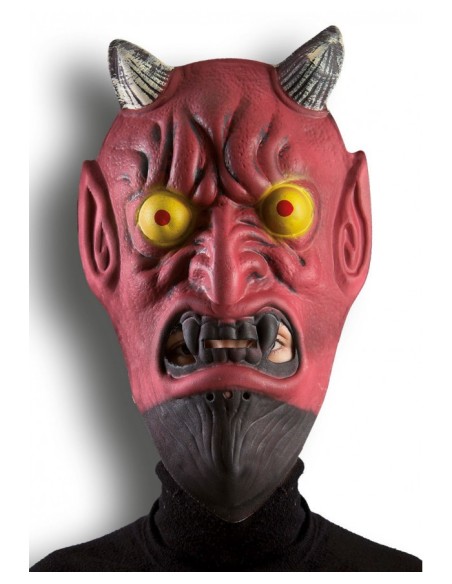 Maschera gigante diavolo rosso con corna, occhi gialli e cavallotto per Halloween