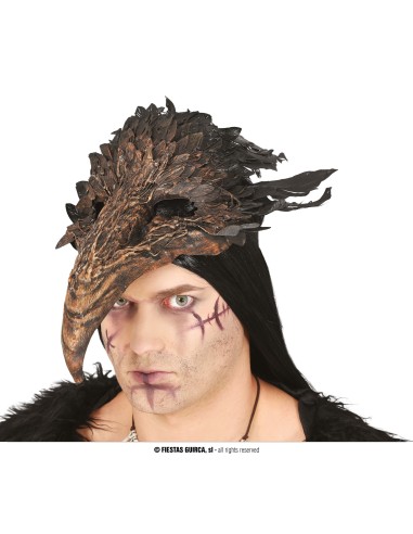 Maschera becco di corvo nera con piume per Halloween e feste horror