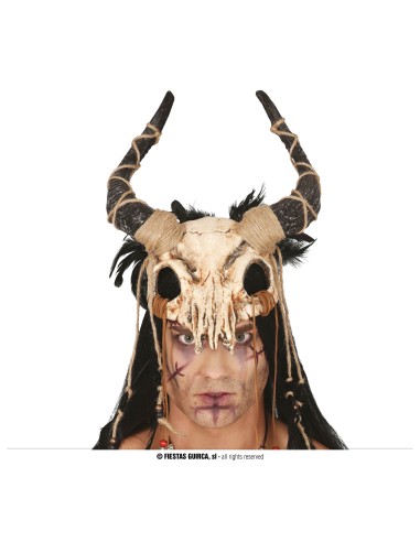 Maschera teschio mezzo viso con corna ricurve e piume nere per Halloween