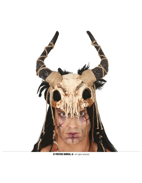 Maschera teschio mezzo viso con corna ricurve e piume nere per Halloween