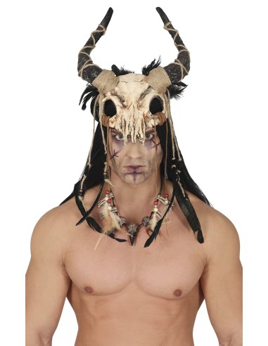 Maschera teschio mezzo viso con corna ricurve e piume nere per Halloween